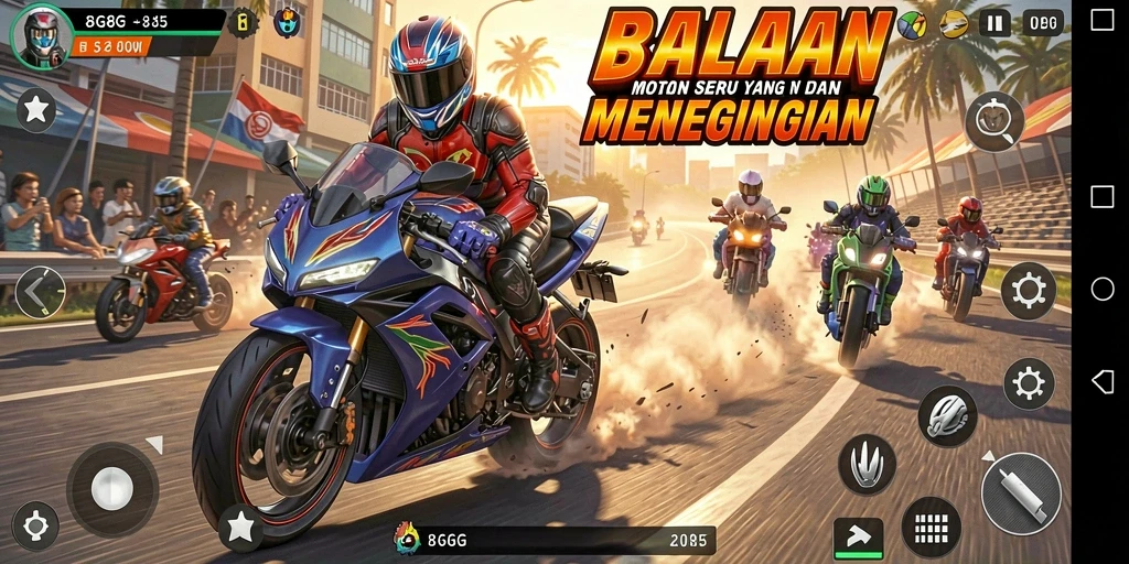 Tampilan gameplay 8G8G yang intens dan mendebarkan saat balapan motor.