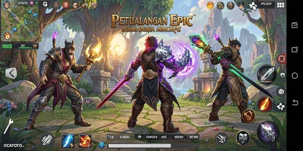 Screenshot gameplay OCATOTO menampilkan pertarungan epik dan dunia yang indah.