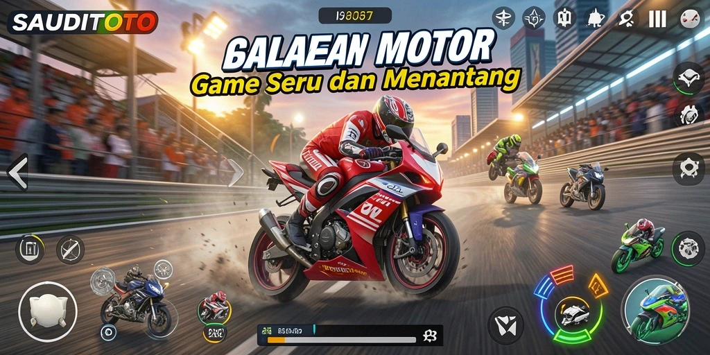 Tampilan utama gameplay <strong>SAUDITOTO</strong> dengan balapan motor yang mendebarkan.