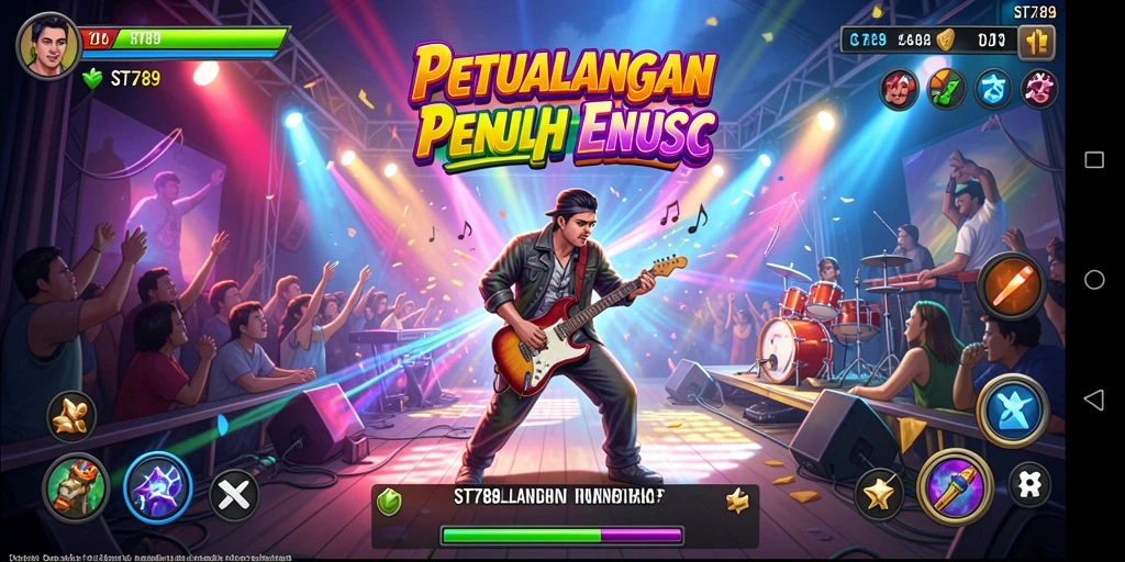 Screenshot utama ST789 menampilkan gameplay seru dengan latar musik yang dinamis.